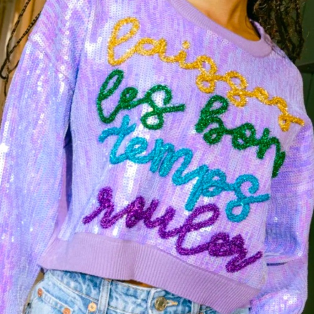 Sparkly Laissez Les Bon Temps Rouler Full Sequin Purple Crew Neck Top Sz XL